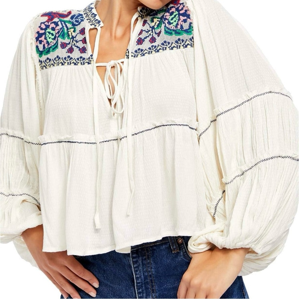 NWOT Free People Vivid Color Top with Embroidery - Sz XS in cream/multi